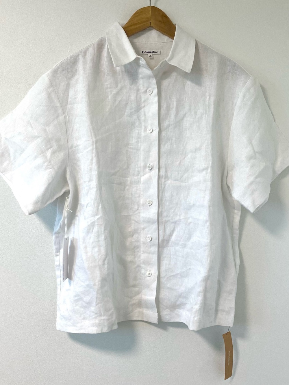 Reformation Linen Shirt Oversized Short Sleeve Button-Up Gio White Natural Small